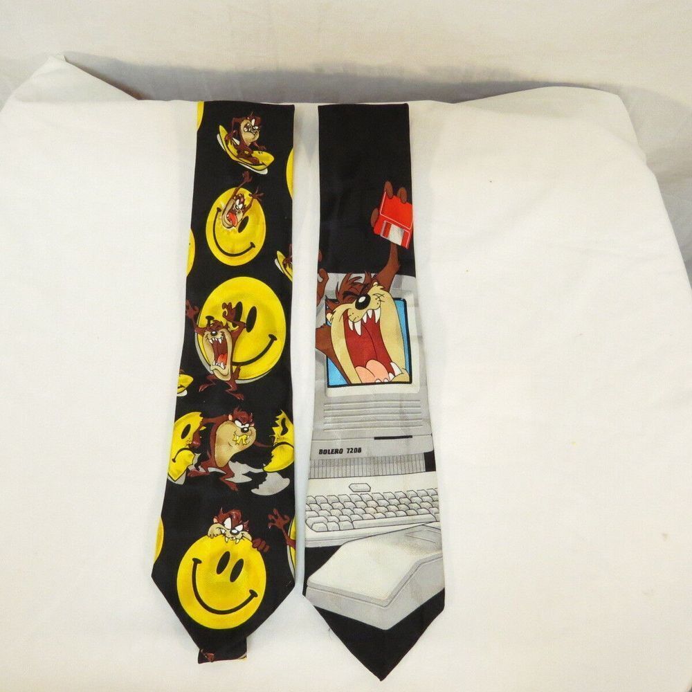 Vintage Looney Tunes Mania 1996 2 Men's Silk Ties Taz Smiley Face and Computer